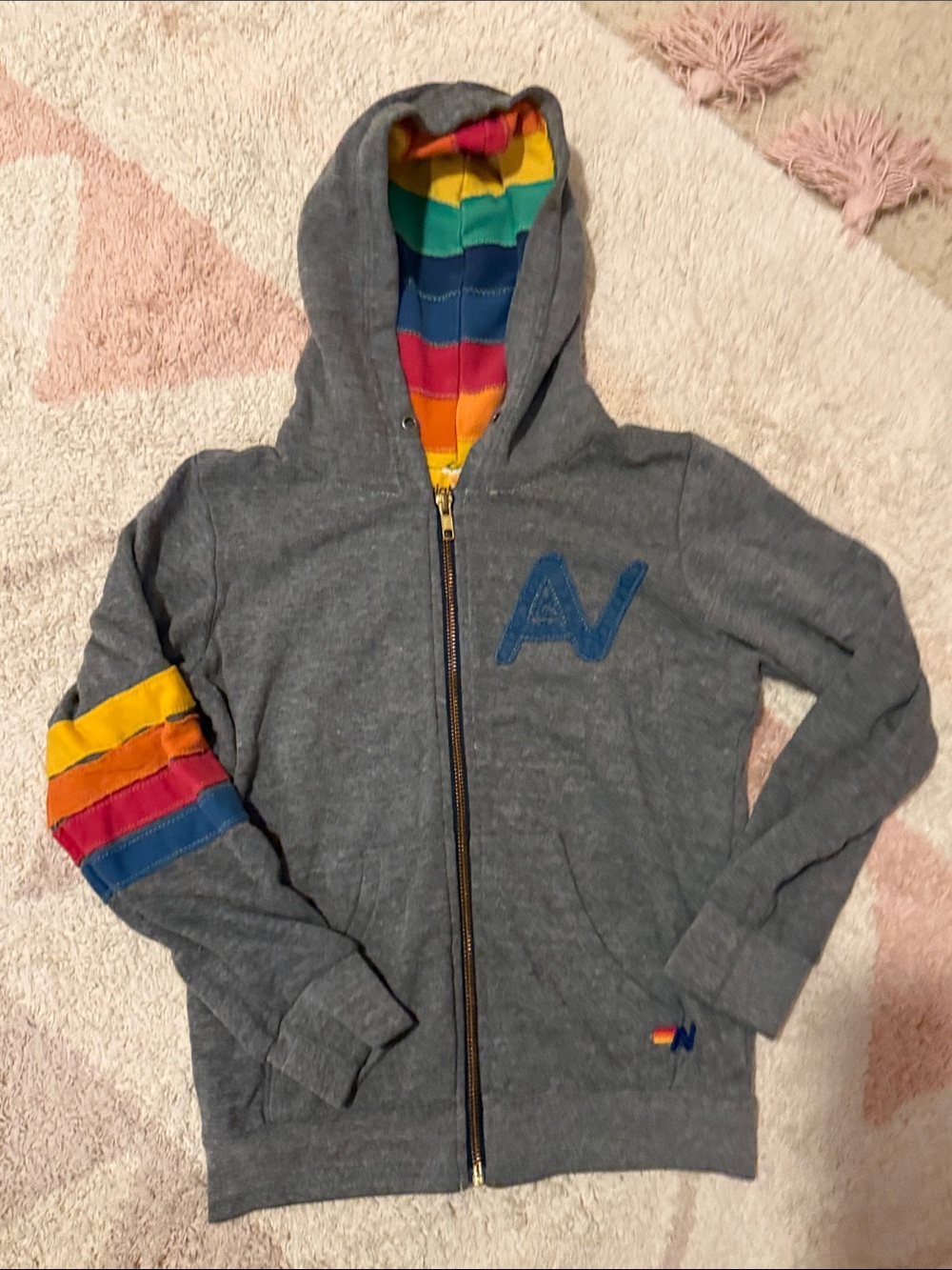 Aviator Nation Gray Zip Hoodie with Rainbow Trim